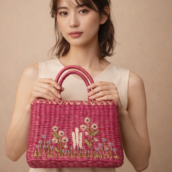 Vintage Handbags - Vintage 1980’s Marlo Pink Floral Embroidered Woven Tote Bag Purse